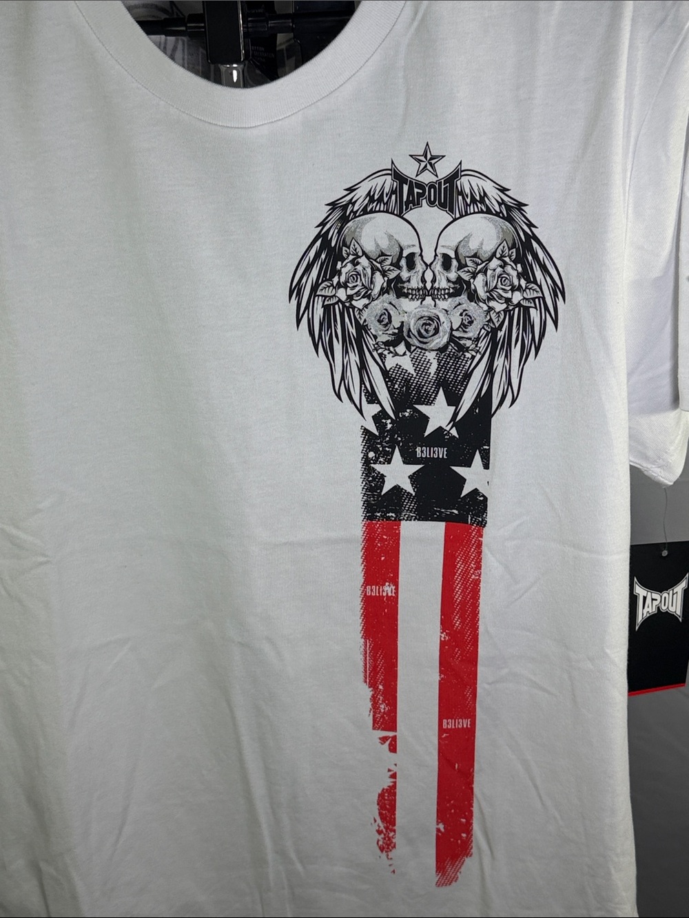 Tapout White Short Sleeve Tee with Red & Black Flag Graphic - Picture 3 of 11